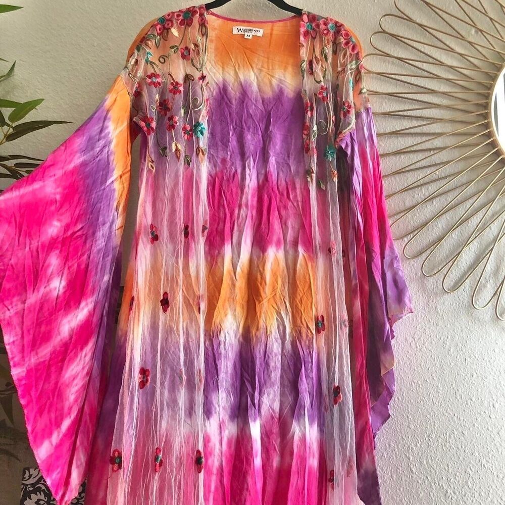 Fairy pink Tie dye kimono jacket cardigan duster flare wide sleeve floral boho